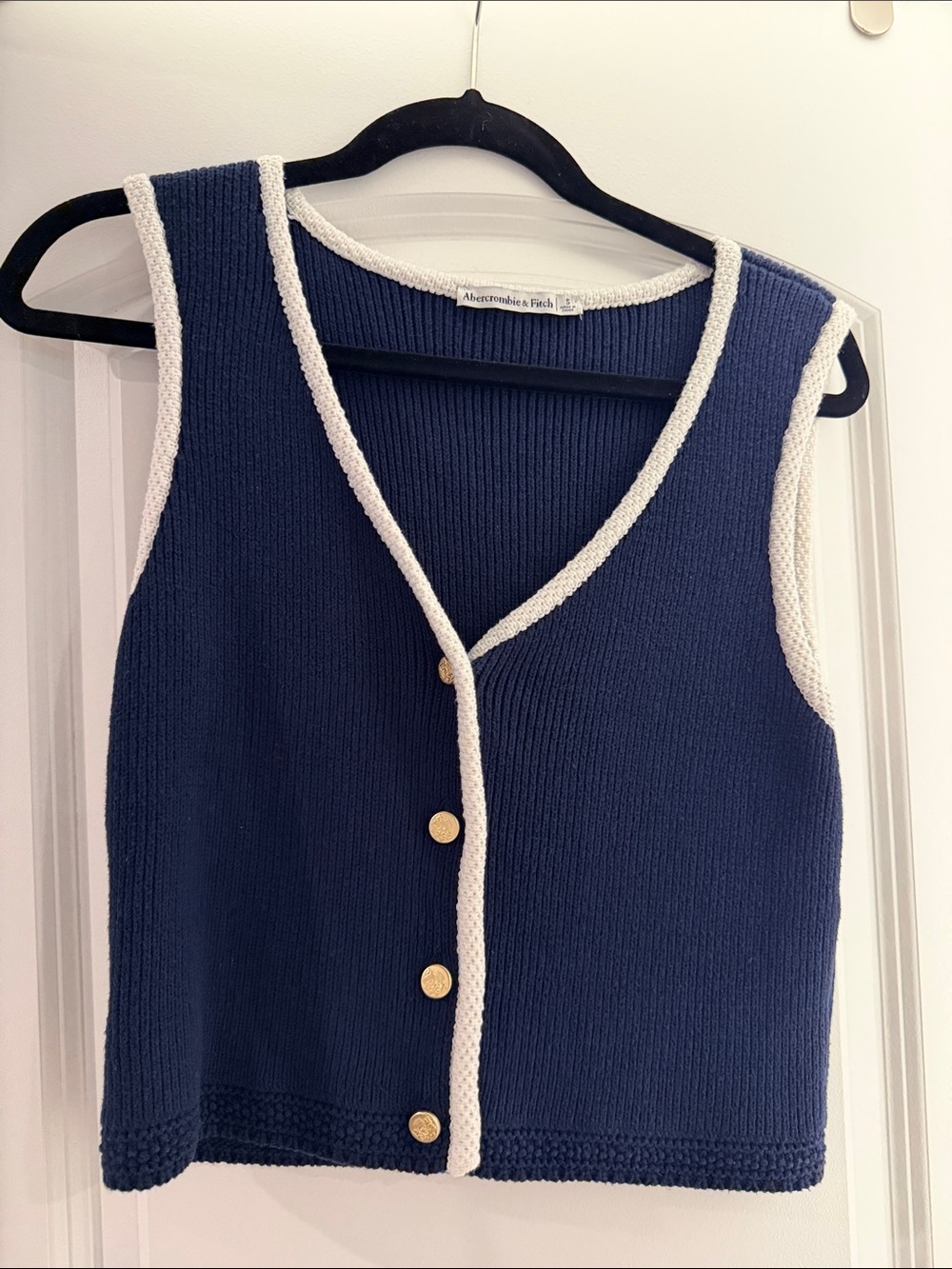 Abercrombie & Fitch Navy Knit Button Vest with Cream Trim